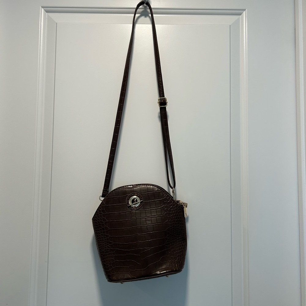 Brown Faux Leather Croc Crossbody Bag